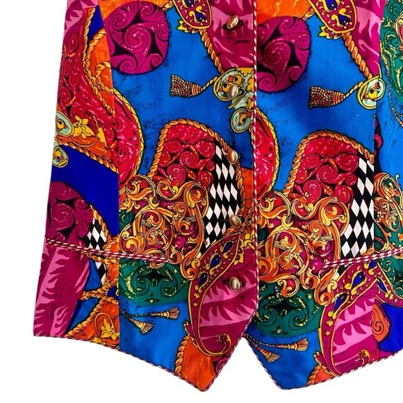 Georgiou Vintage 1980s Sz 4 Multicolor 100% Silk Vest Gold Buttons Adjustable - Picture 5 of 8